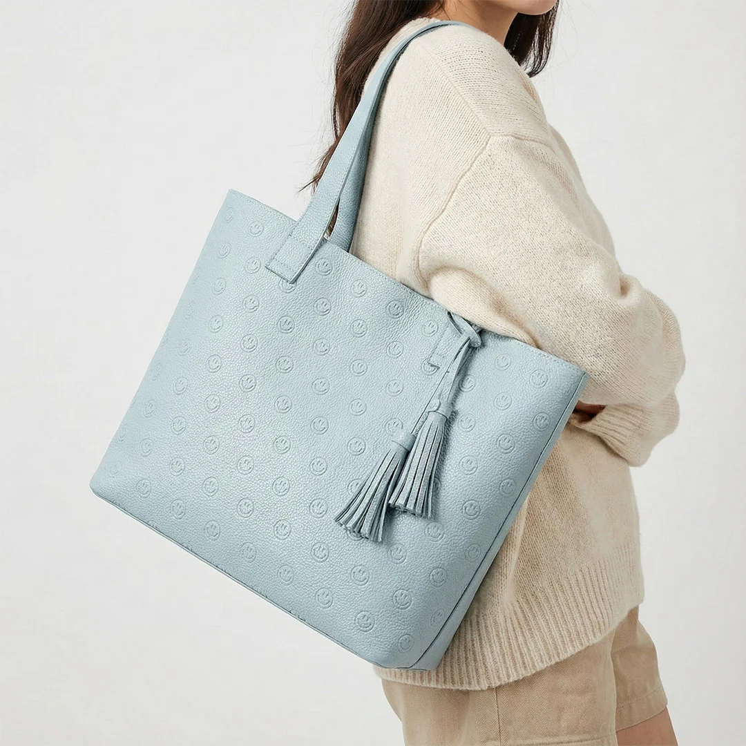 Smile Embossed Leather Tote - Image 7