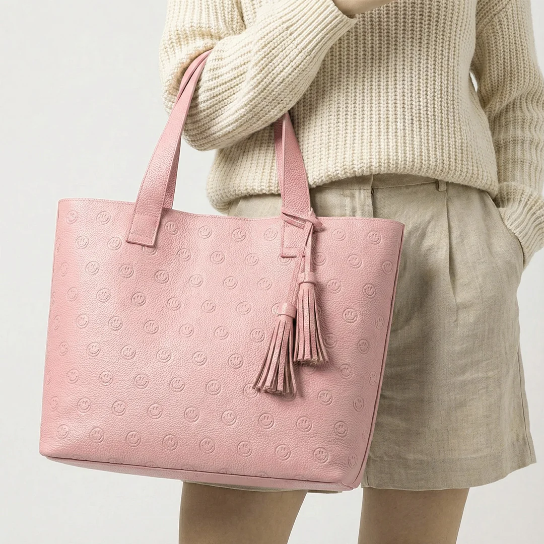 Smile Embossed Leather Tote - Image 9